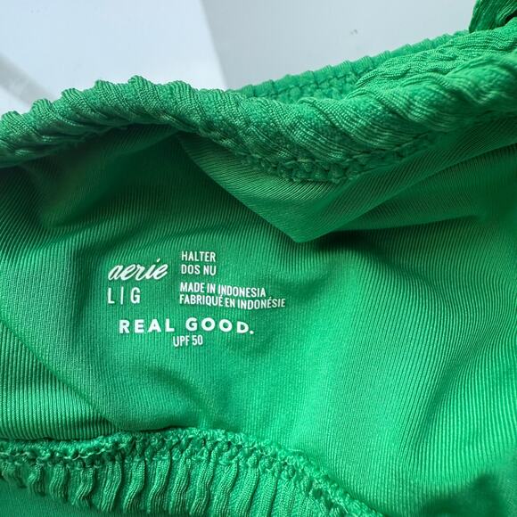 Aerie sz L top M bottom Green Ribbed Drawstring Bikini Set Adjustable Tie Swim - Picture 5 of 9